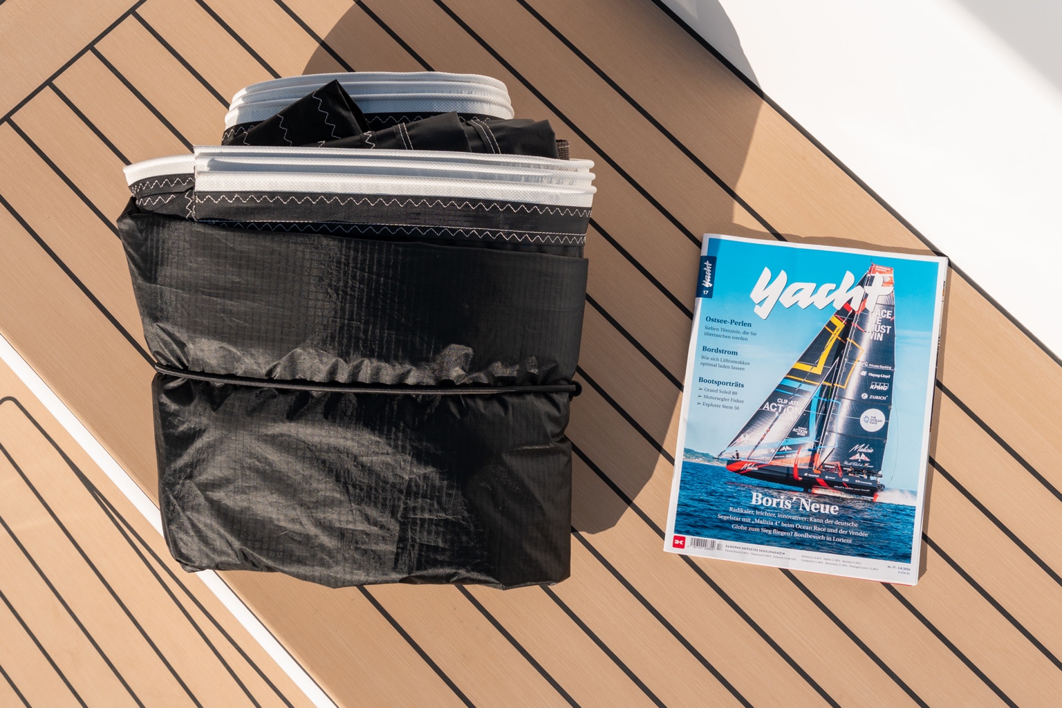 Compactly stored Volamare sun protection on deck